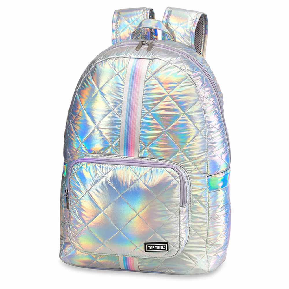 Iridescent Diamond Stitch Puffer Backpack Sunrise Straps